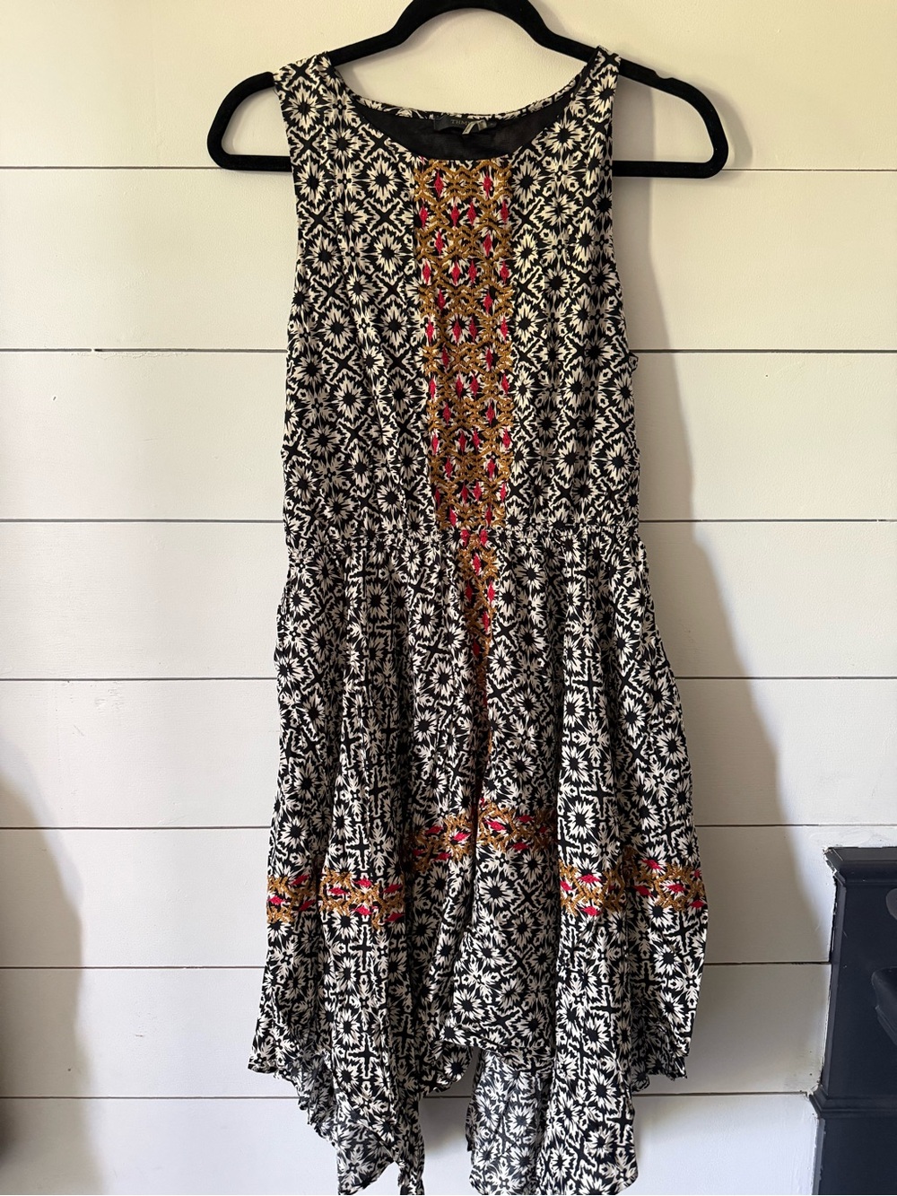 THML Black & White Printed Midi Dress with Pink & Gold Embroidery